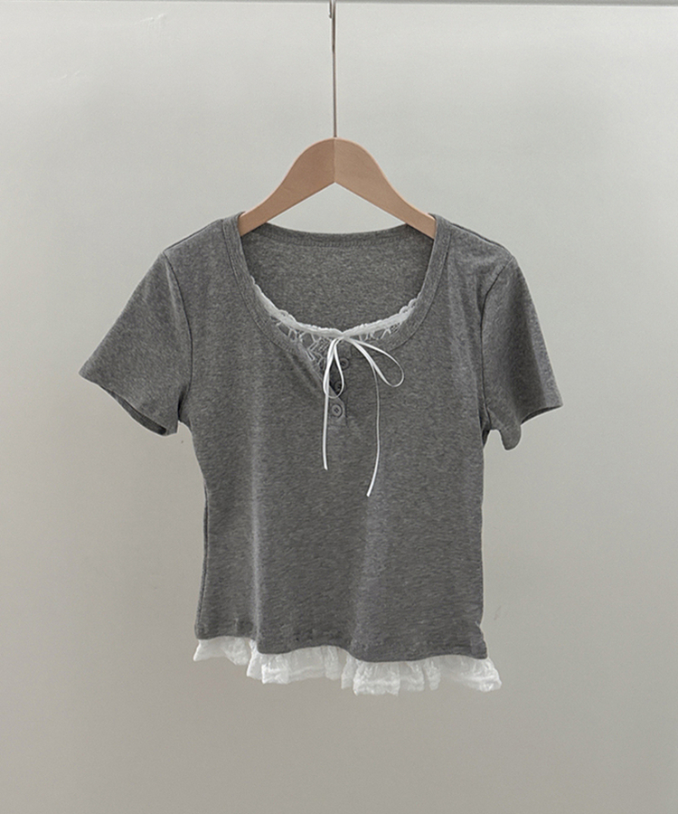 レースリボンレイヤードTシャツ(6color)