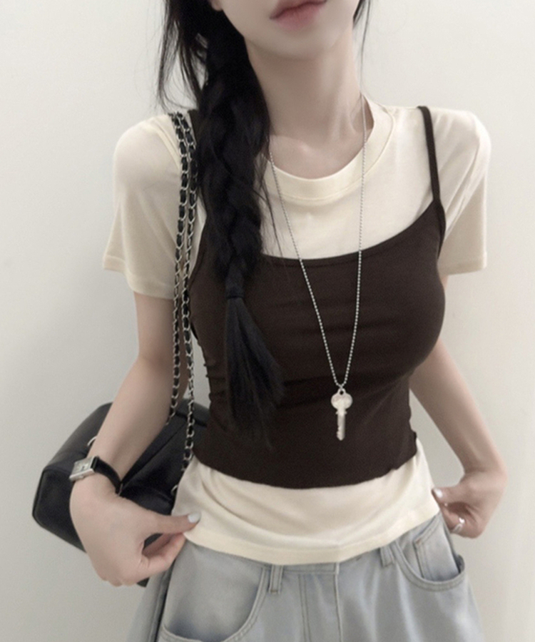 【SET】ストラップキャミソール＋半袖Tシャツ CHESTNUT BROWN