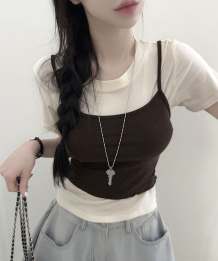 【SET】ストラップキャミソール＋半袖Tシャツ CHESTNUT BROWN