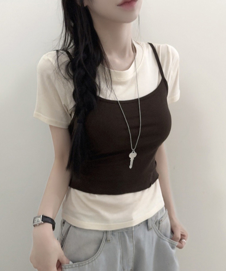 【SET】ストラップキャミソール＋半袖Tシャツ CHESTNUT BROWN