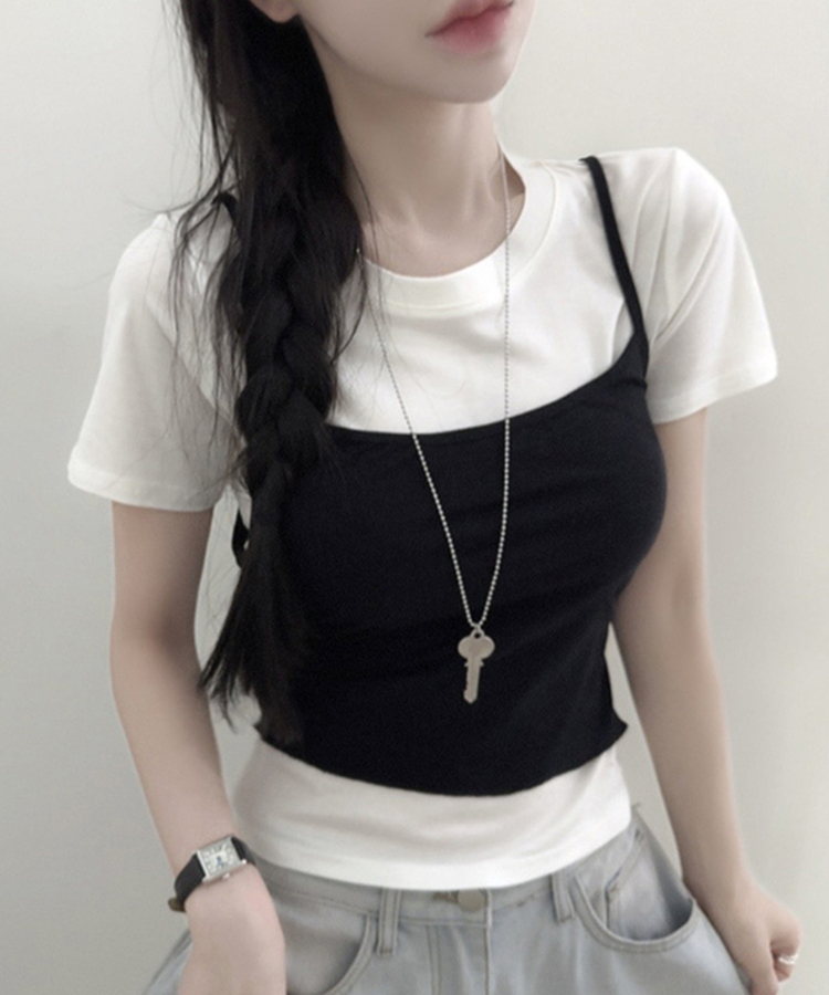 【SET】ストラップキャミソール＋半袖Tシャツ BLACK