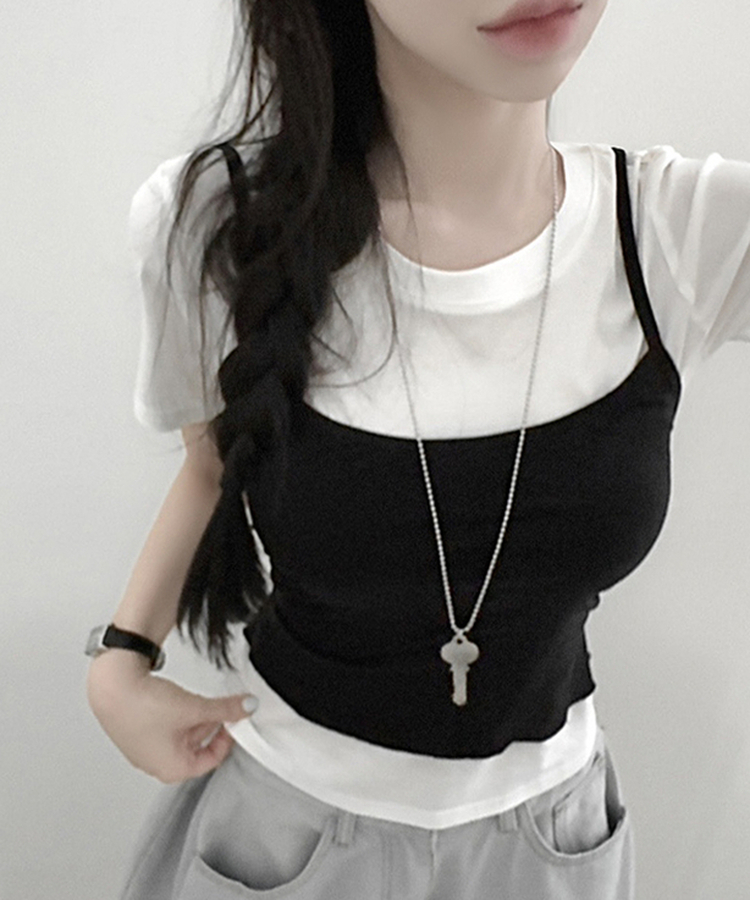 【SET】ストラップキャミソール＋半袖Tシャツ BLACK