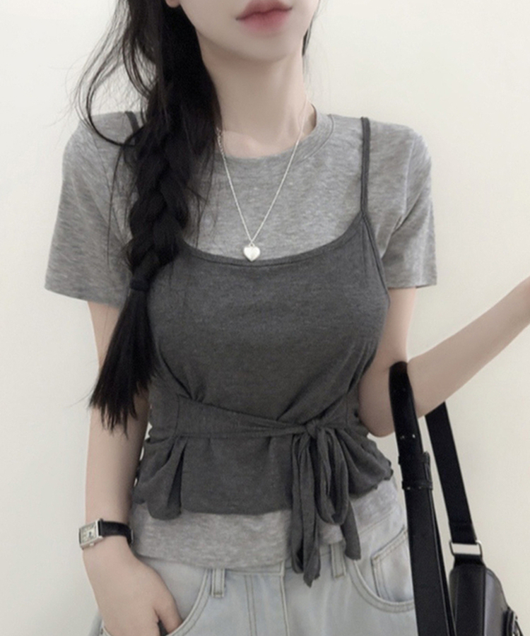 【SET】ストラップキャミソール＋半袖Tシャツ GREY