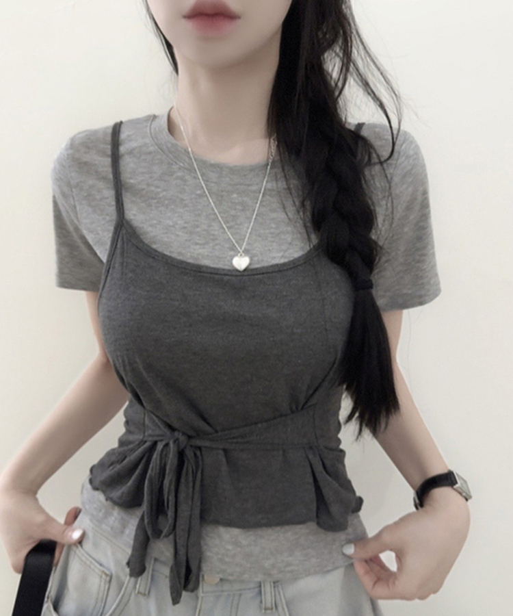 【SET】ストラップキャミソール＋半袖Tシャツ GREY