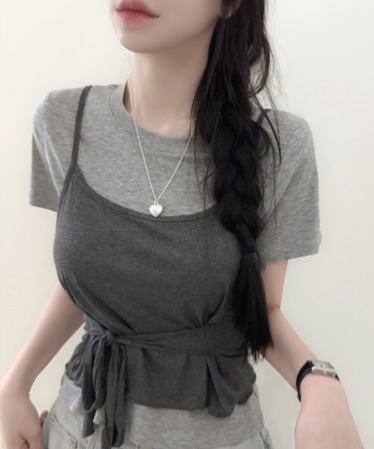 【SET】ストラップキャミソール＋半袖Tシャツ GREY