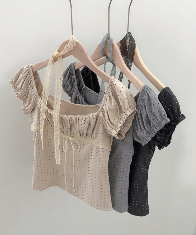 【タイ付き】ドットオフショルダー半袖Tシャツ