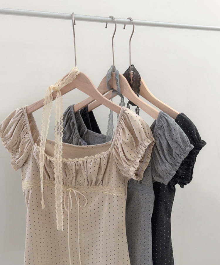 【タイ付き】ドットオフショルダー半袖Tシャツ