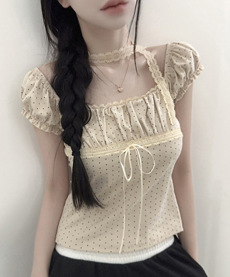 【タイ付き】ドットオフショルダー半袖Tシャツ BEIGE