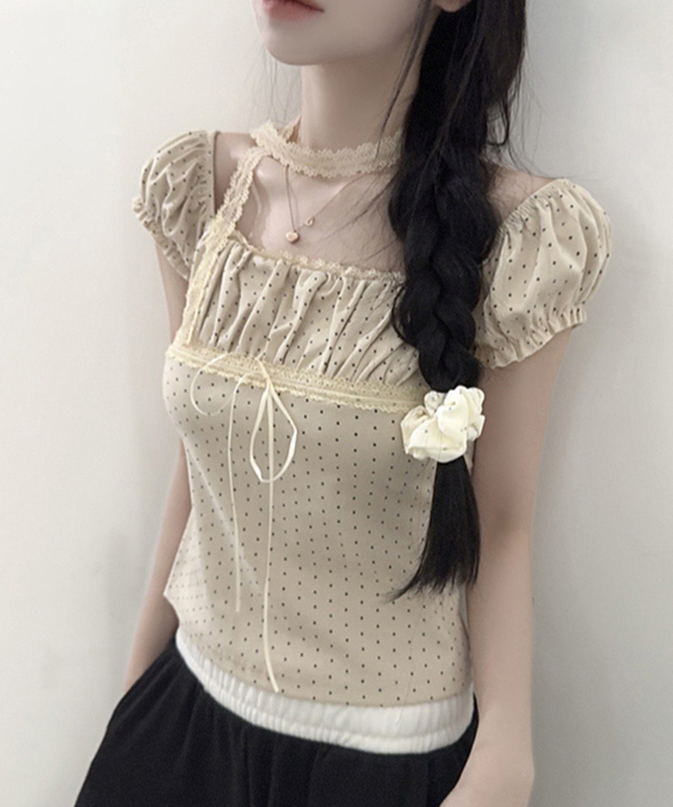 【タイ付き】ドットオフショルダー半袖Tシャツ BEIGE