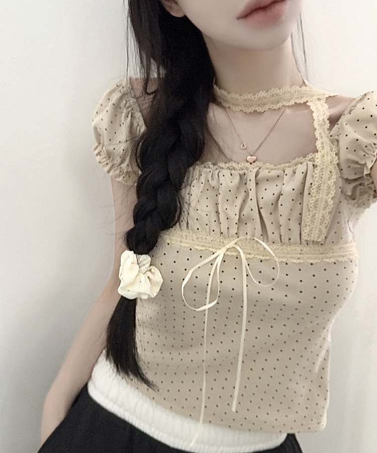 【タイ付き】ドットオフショルダー半袖Tシャツ BEIGE