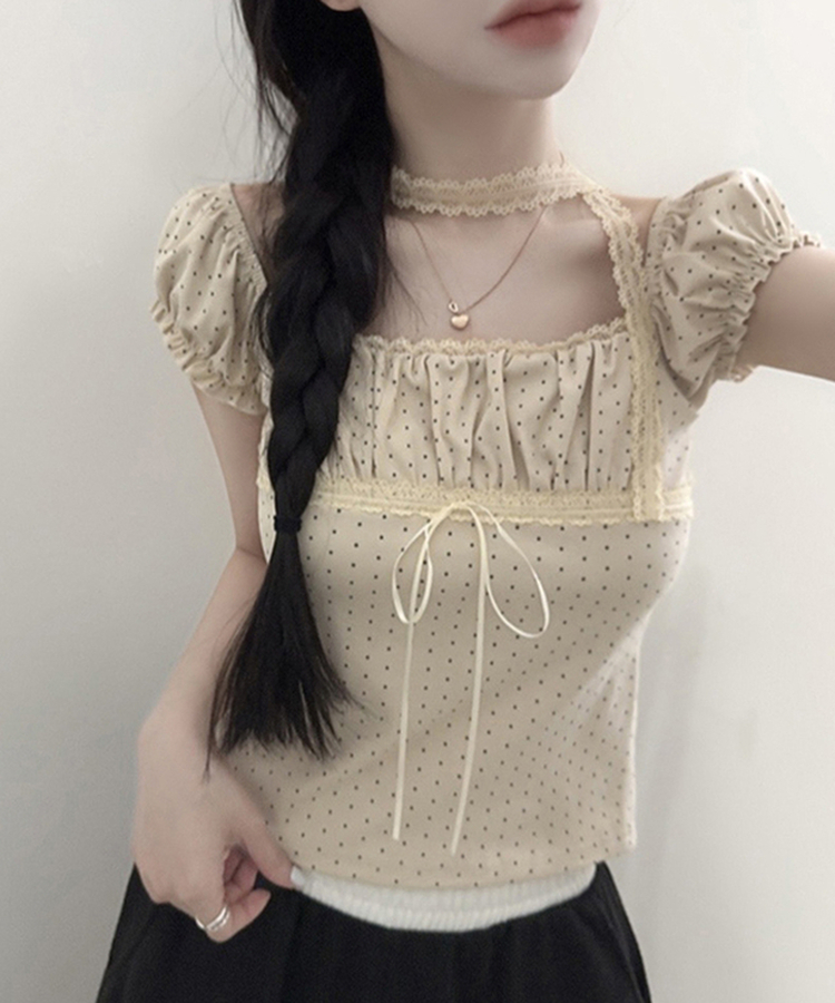 【タイ付き】ドットオフショルダー半袖Tシャツ BEIGE