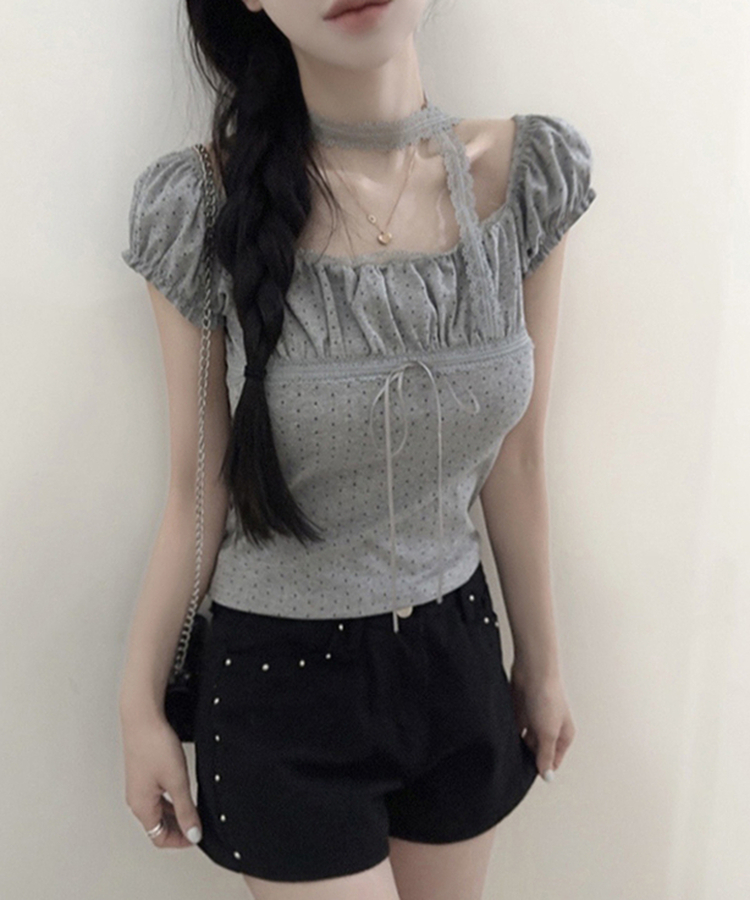 【タイ付き】ドットオフショルダー半袖Tシャツ LIGHT GREY