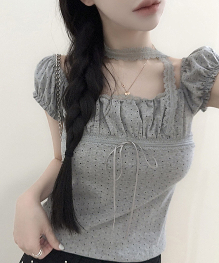 【タイ付き】ドットオフショルダー半袖Tシャツ LIGHT GREY