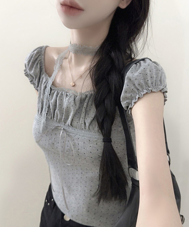 【タイ付き】ドットオフショルダー半袖Tシャツ LIGHT GREY