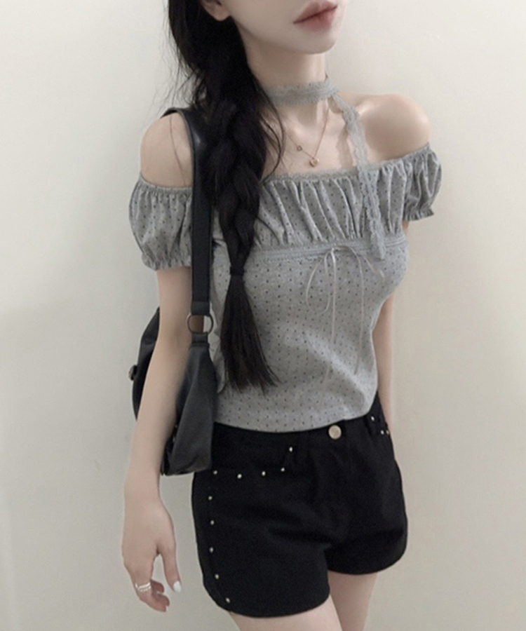 【タイ付き】ドットオフショルダー半袖Tシャツ LIGHT GREY