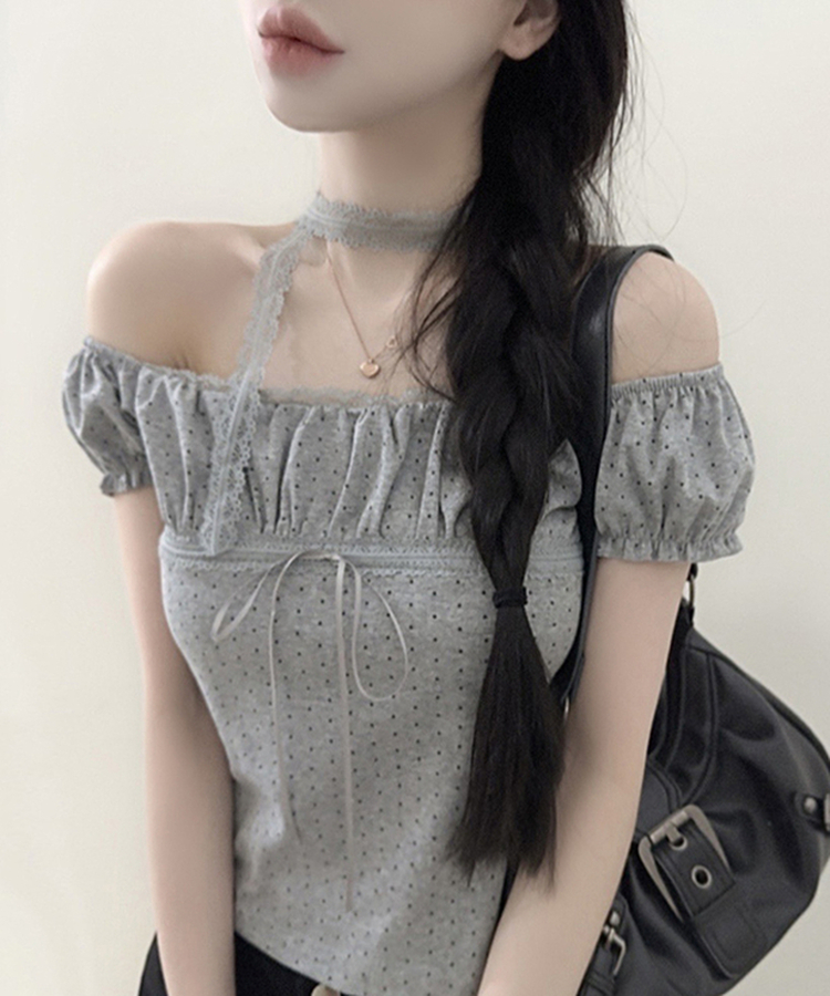 【タイ付き】ドットオフショルダー半袖Tシャツ LIGHT GREY