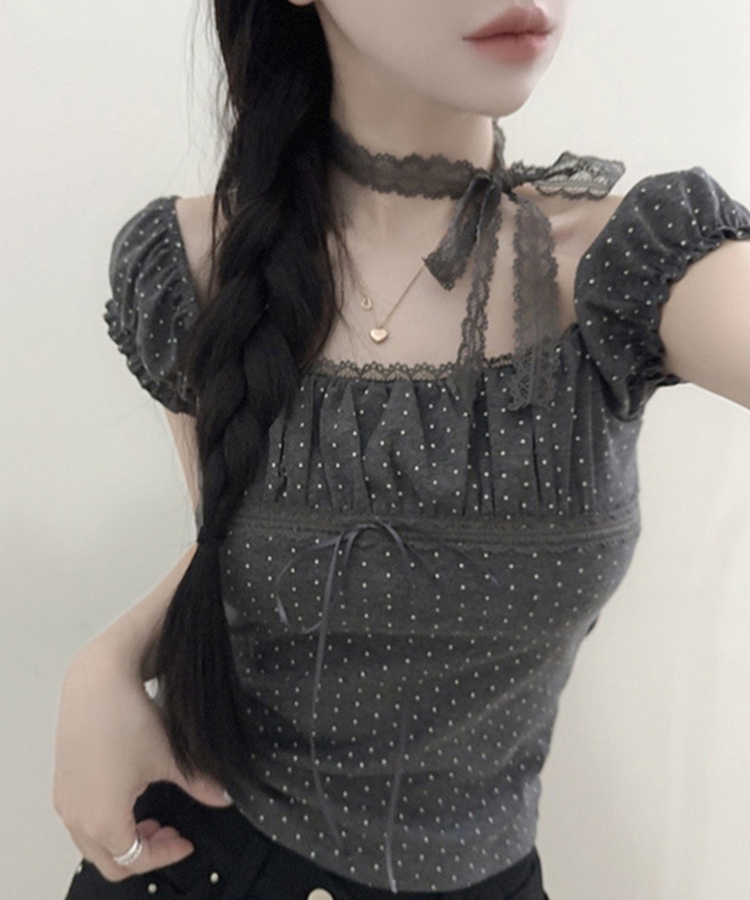 【タイ付き】ドットオフショルダー半袖Tシャツ DARK GRAY