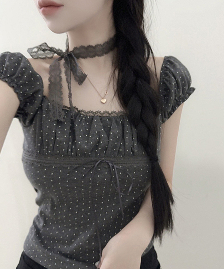 【タイ付き】ドットオフショルダー半袖Tシャツ DARK GRAY