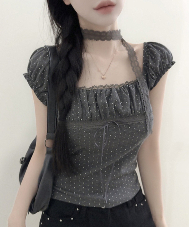 【タイ付き】ドットオフショルダー半袖Tシャツ DARK GRAY