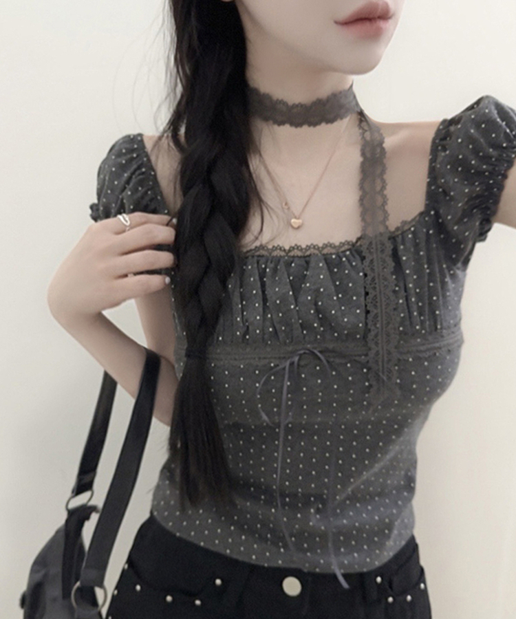 【タイ付き】ドットオフショルダー半袖Tシャツ DARK GRAY