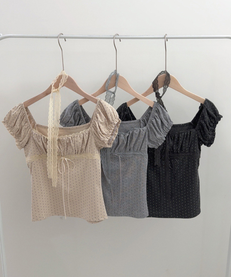 【タイ付き】ドットオフショルダー半袖Tシャツ