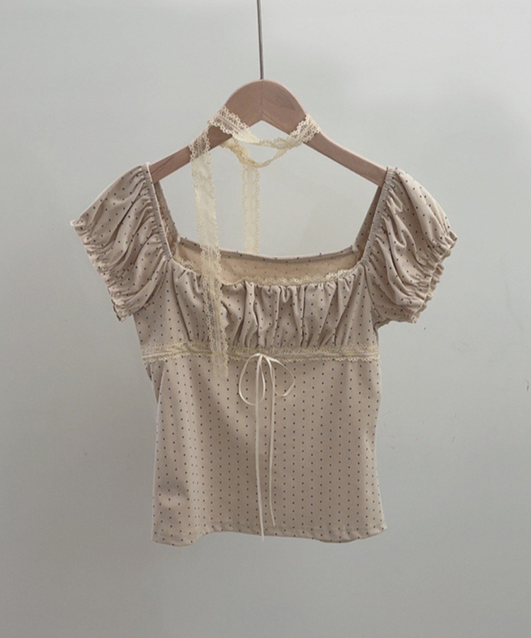 【タイ付き】ドットオフショルダー半袖Tシャツ