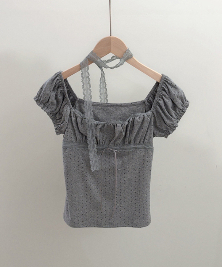 【タイ付き】ドットオフショルダー半袖Tシャツ