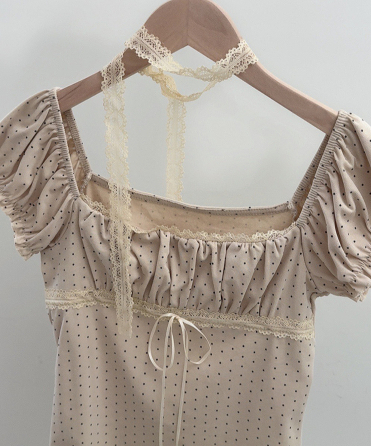 【タイ付き】ドットオフショルダー半袖Tシャツ