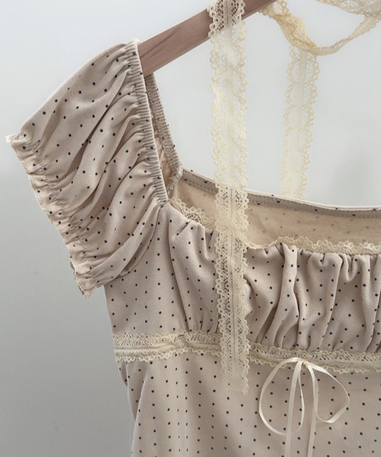 【タイ付き】ドットオフショルダー半袖Tシャツ