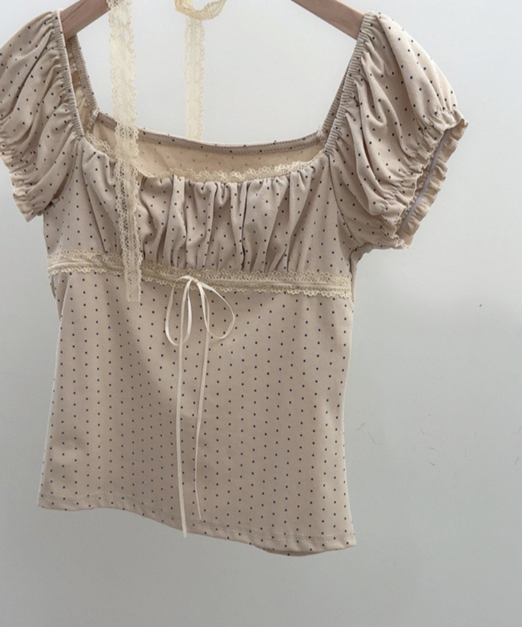 【タイ付き】ドットオフショルダー半袖Tシャツ