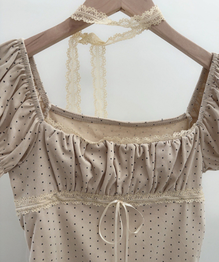 【タイ付き】ドットオフショルダー半袖Tシャツ