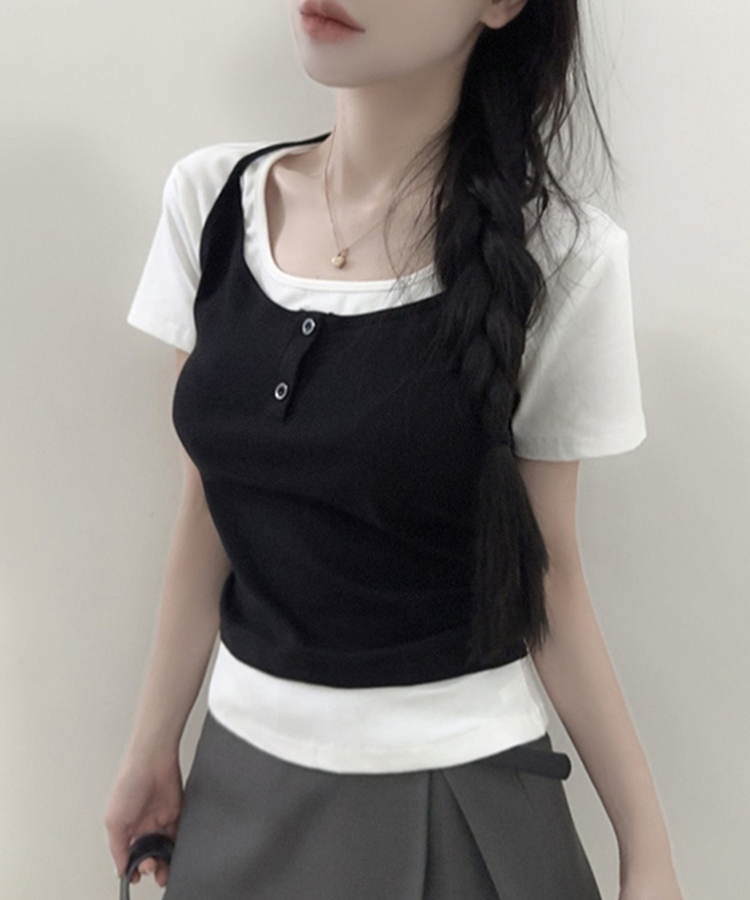 レイヤード一体型ホルターネック半袖Tシャツ BLACK