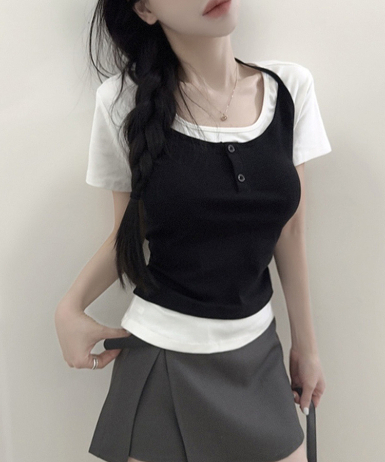 レイヤード一体型ホルターネック半袖Tシャツ BLACK