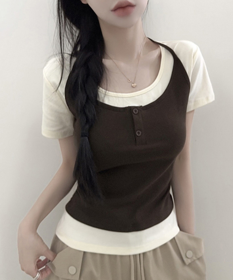 レイヤード一体型ホルターネック半袖Tシャツ CHESTNUT BROWN
