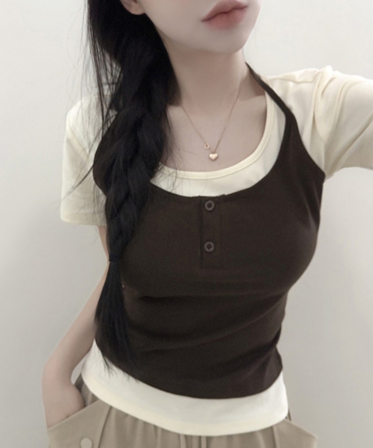 レイヤード一体型ホルターネック半袖Tシャツ CHESTNUT BROWN