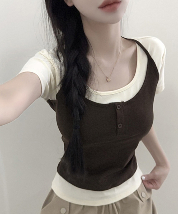 レイヤード一体型ホルターネック半袖Tシャツ CHESTNUT BROWN