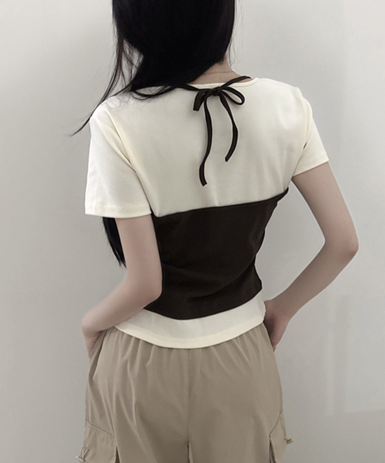 レイヤード一体型ホルターネック半袖Tシャツ CHESTNUT BROWN