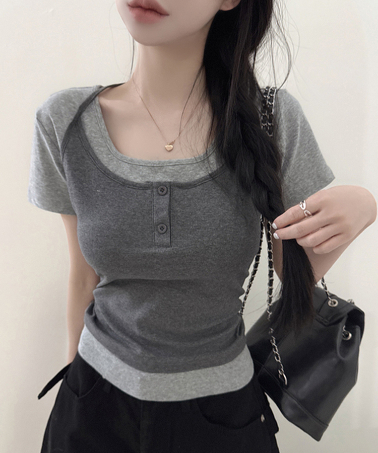レイヤード一体型ホルターネック半袖Tシャツ GREY