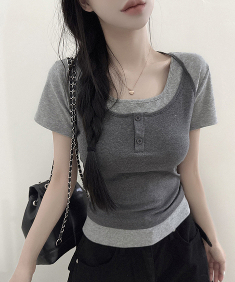 レイヤード一体型ホルターネック半袖Tシャツ GREY