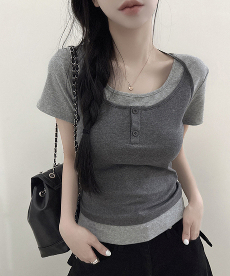 レイヤード一体型ホルターネック半袖Tシャツ GREY