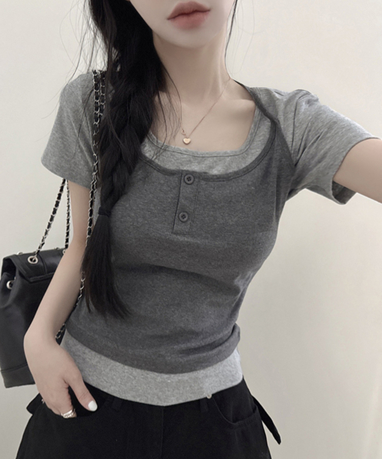 レイヤード一体型ホルターネック半袖Tシャツ GREY