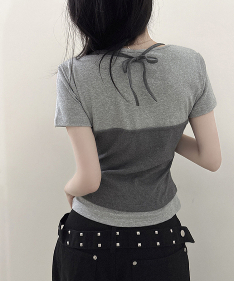 レイヤード一体型ホルターネック半袖Tシャツ GREY