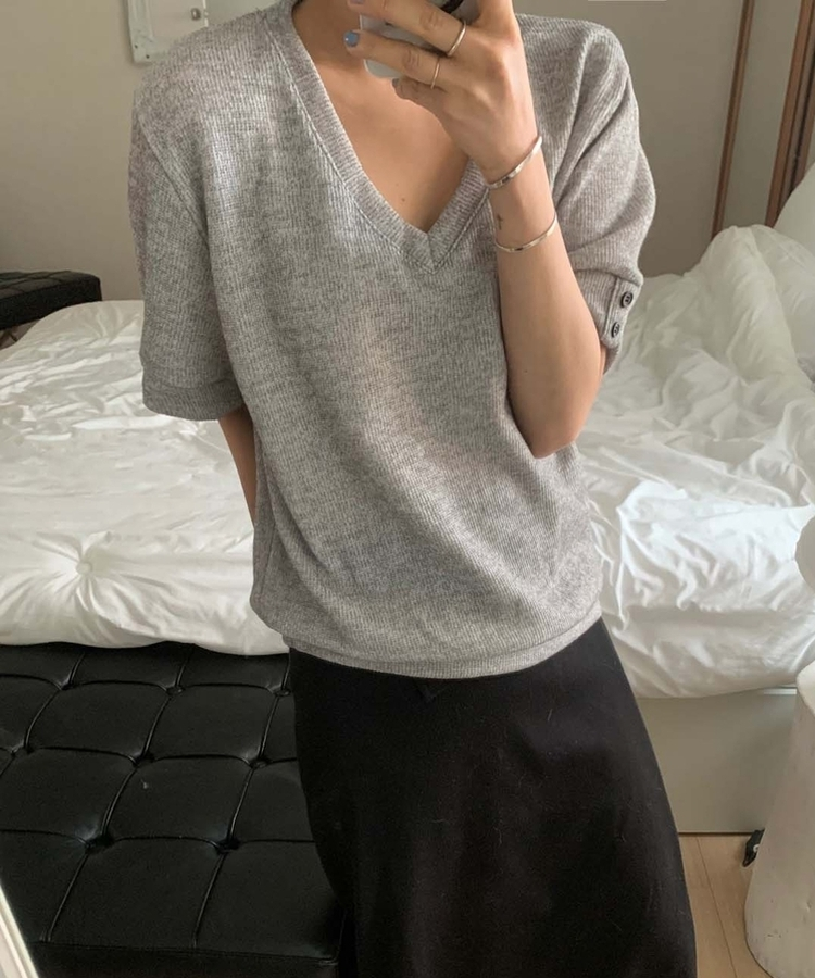 クラシックVネックボタン半袖Tシャツ GREY