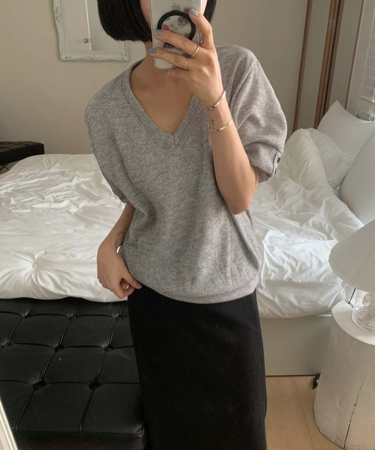 クラシックVネックボタン半袖Tシャツ GREY