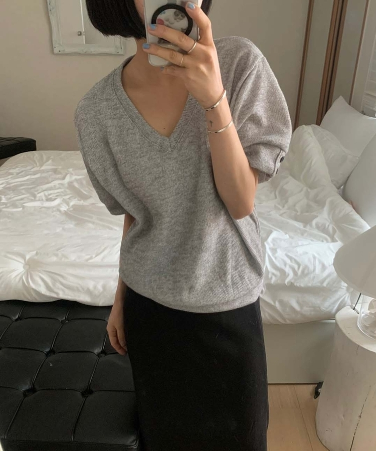 クラシックVネックボタン半袖Tシャツ GREY