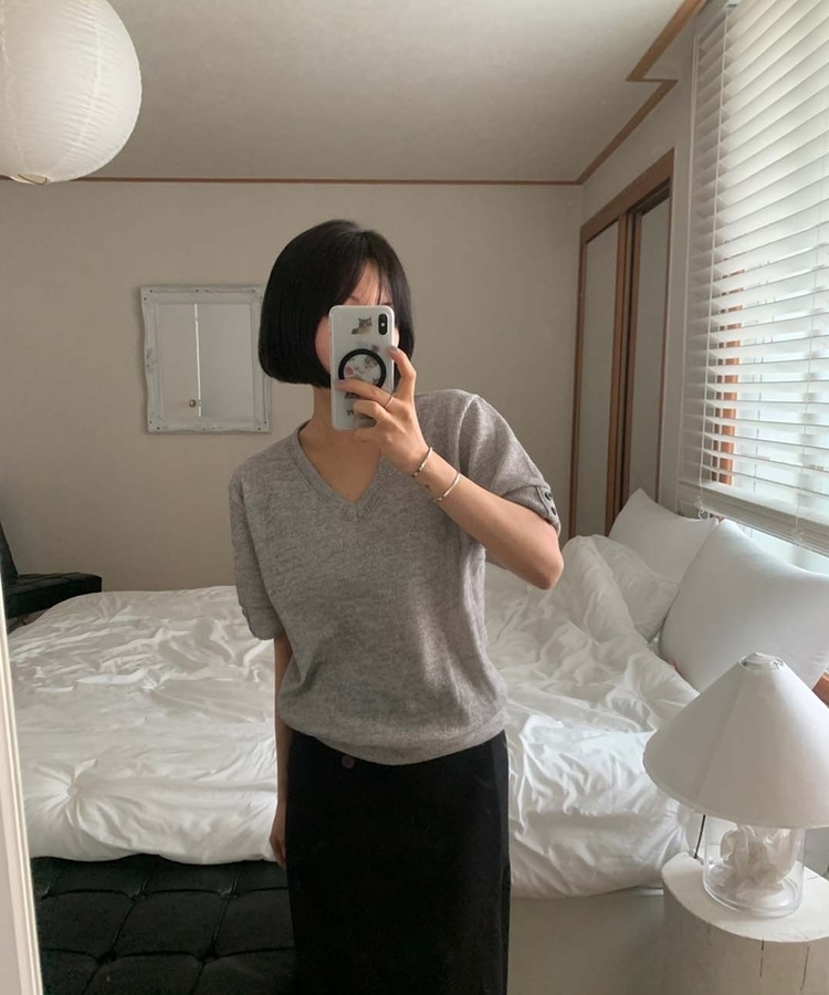 クラシックVネックボタン半袖Tシャツ GREY