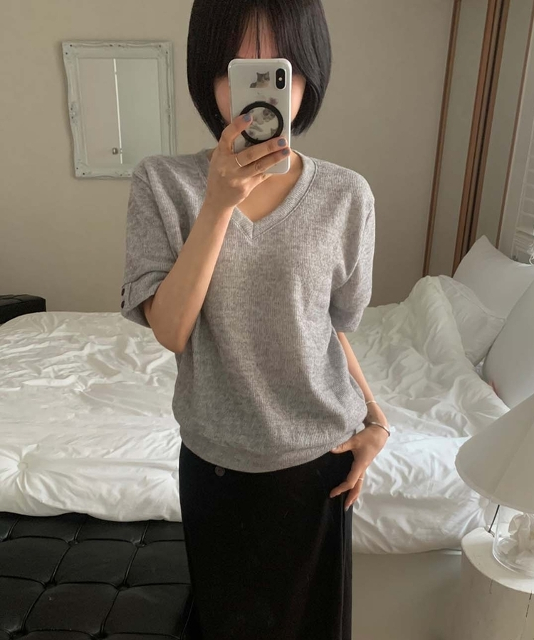 クラシックVネックボタン半袖Tシャツ GREY