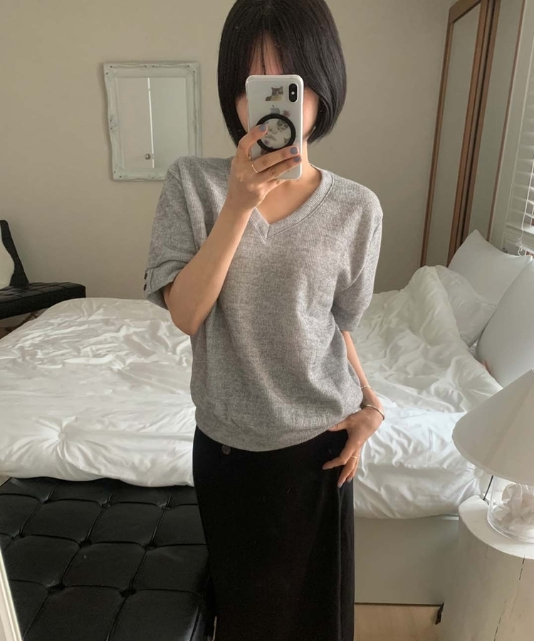 クラシックVネックボタン半袖Tシャツ GREY