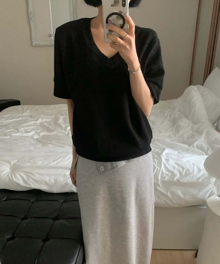 クラシックVネックボタン半袖Tシャツ BLACK