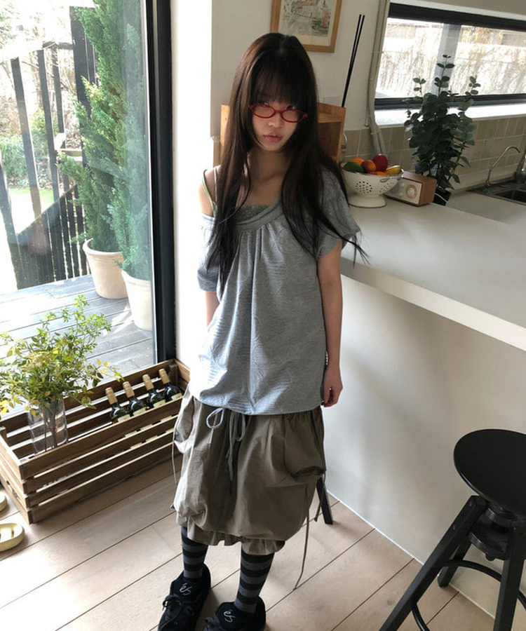ビッグドットオフショルダー半袖Tシャツ MELANGE